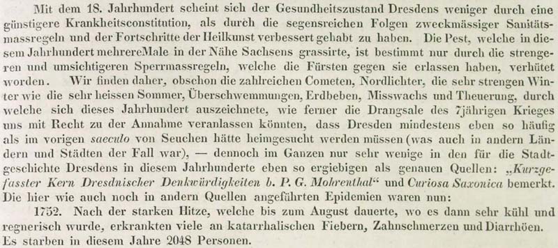 In Dresden sterben 1752 an Fieber und Diarrhöen 2.048 Menschen.