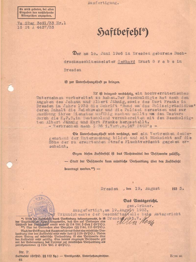 Haftbefehl gegen Gerhard Grabs vom 19.8.1933