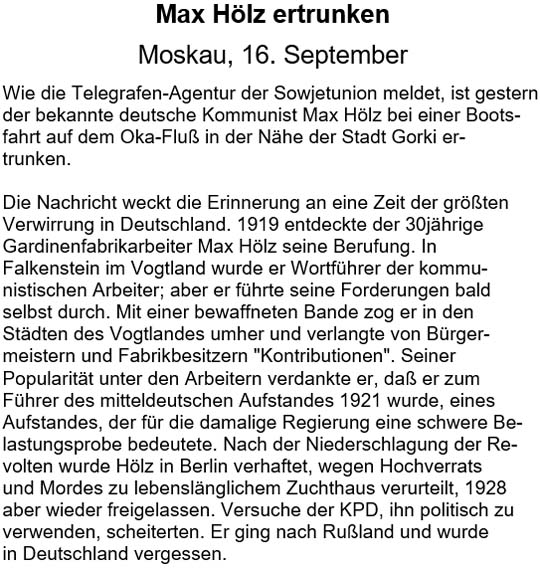 Max Hölz ertrunken / Moskau, 16. September / Wie die Telegrafen-Agentur ...