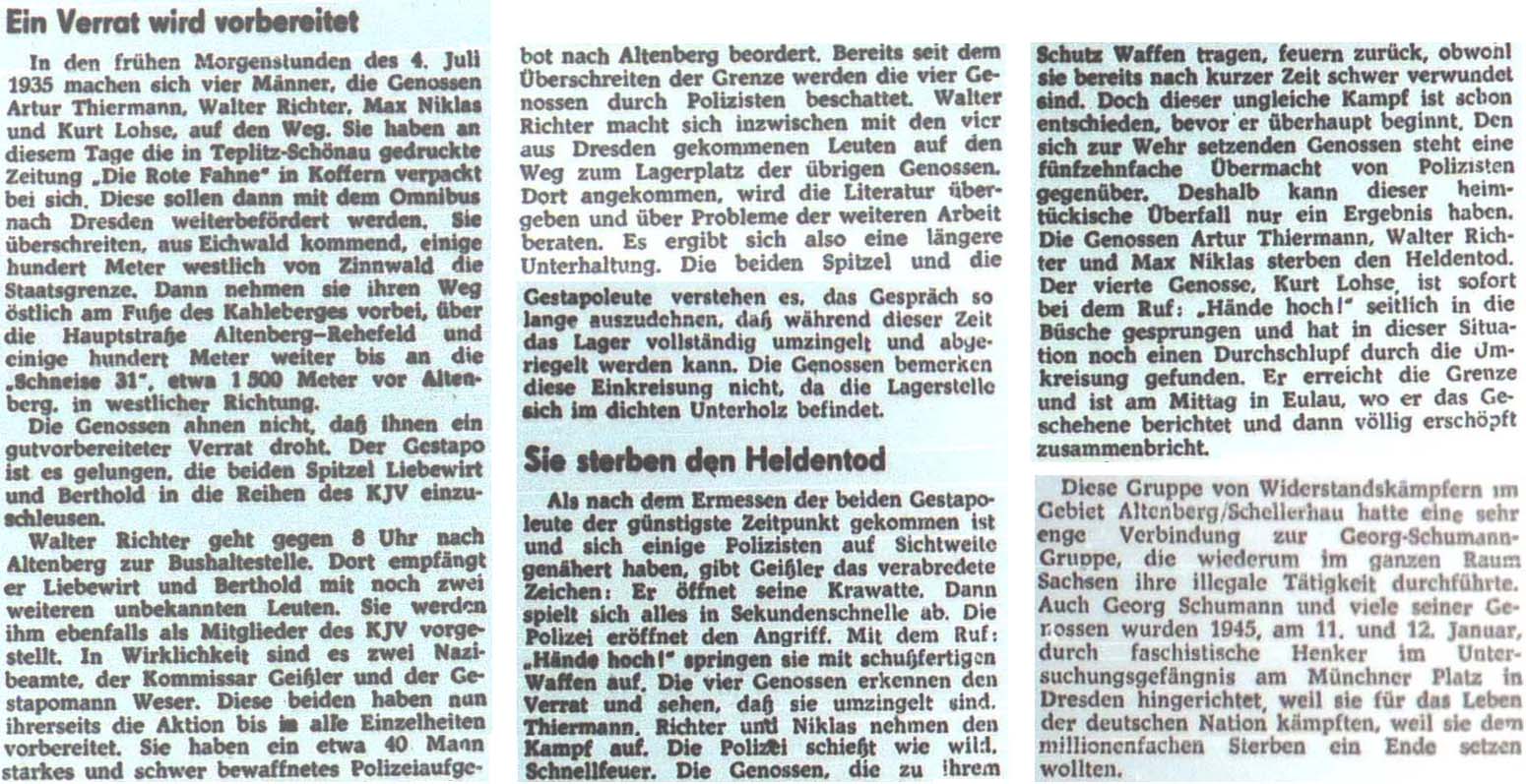 An der Schneise 31 in Altenberg sterben am 4. Juli 1935 drei Antifaschisten.