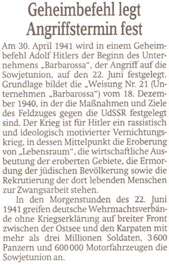 Hitler erteilt am 30. April 1941 den Geheimbefehl für den Beginn des Plans ´Barbarossa´