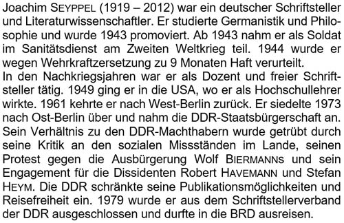 Joachim SEYPPEL (1919 – 2012) war ein deutscher Schriftsteller und Literaturwissenschaftler. ...