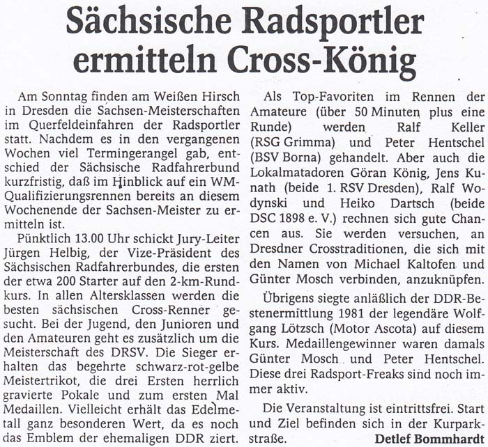 Ankündigung der Sächsischen Meisterschaften im Radcross
