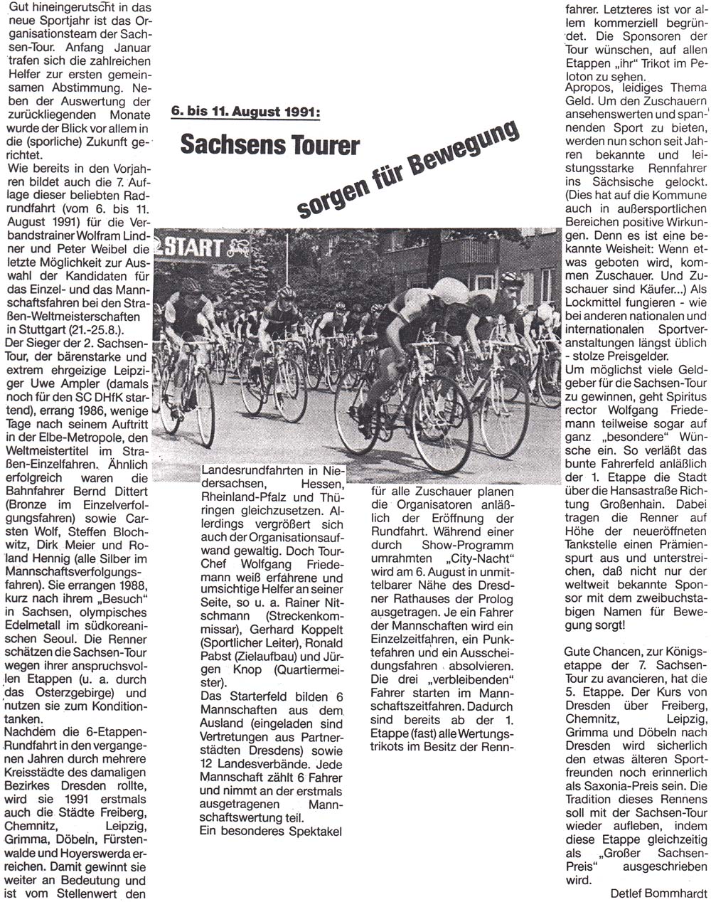 Ankündigung der Sachsen-Tour der Radsportler 1991