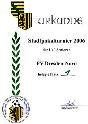 Urkunde f&uuml;r den Stadtpokalsieger
