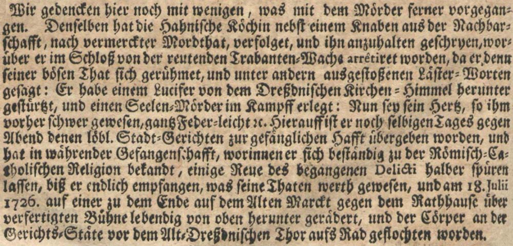 Der Mörder des protestantischen Priesters Hahn wird am 18. Juli 1726 hingerichtet