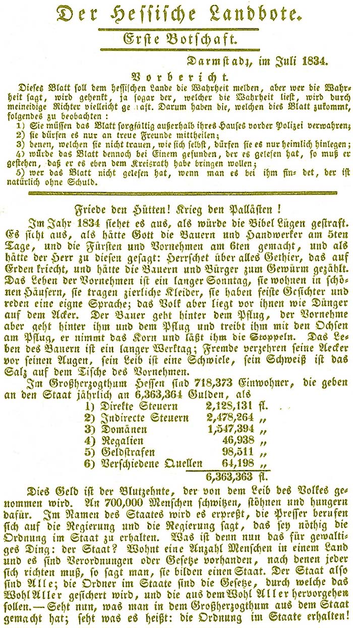 Artikel in der Flugschrift ´Der Hessische Landbote´ vom 31. Juli 1834