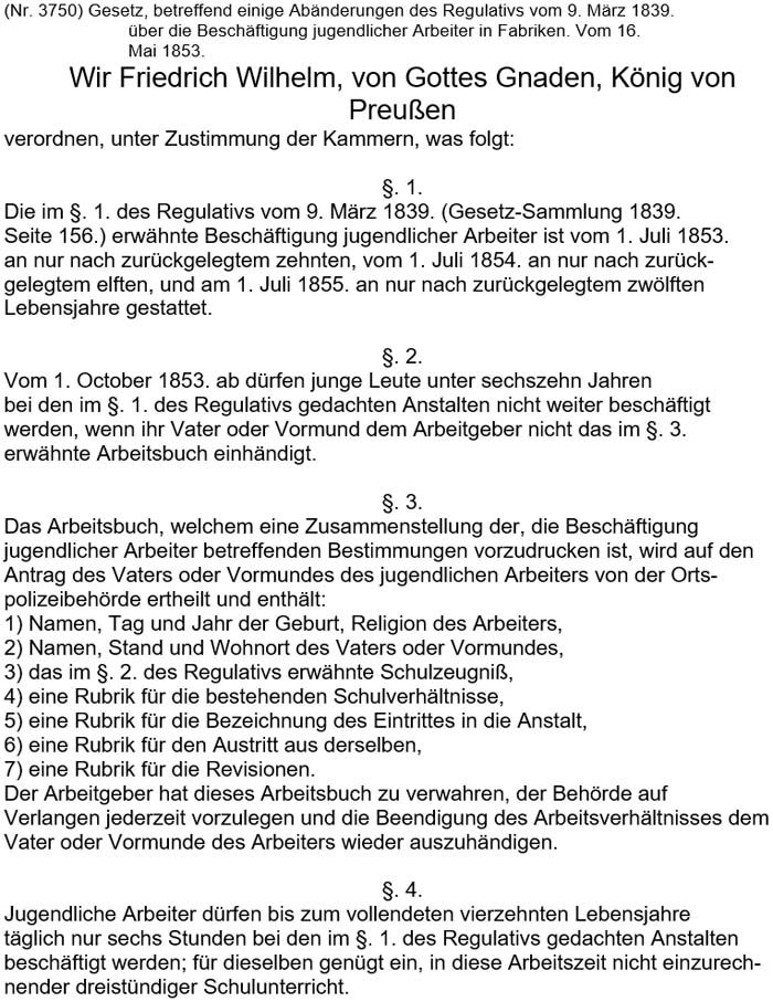 Text zum ´Gesetz gegen die Kinderarbeit´ vom 16. März 1853 - Teil 1