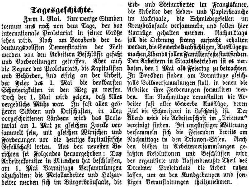 Artikel in der ´Sächsischen Arbeiter-Zeitung´ vom 1. Mai 1890