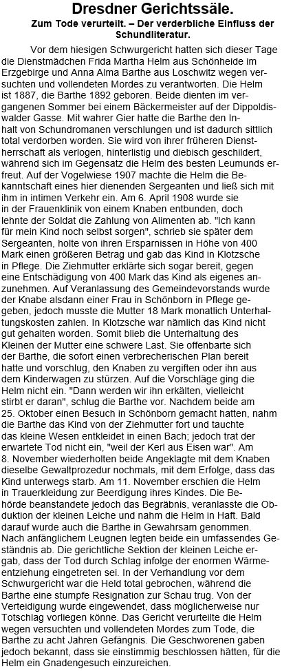 Dresdner Gerichtssäle. Zum Tode verurteilt. - Der verderbliche Einfluss der Schundliteratur.