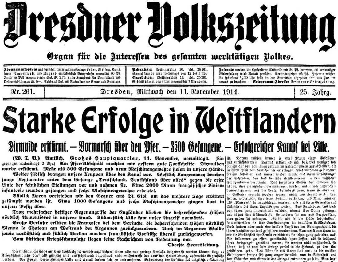 erste Seite der ´Dresdner Volkszeitung´ vom 11. November 1914