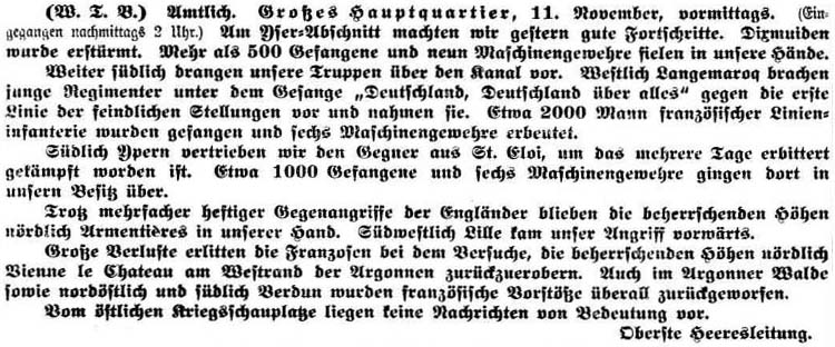 Ausschnitt aus der ersten Seite der ´Dresdner Volkszeitung´ vom 11. November 1914