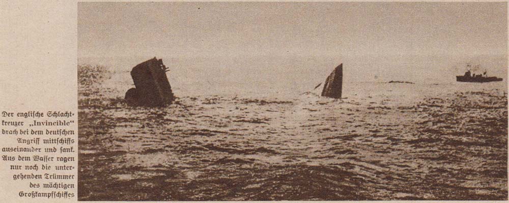 Der englische Schlachtkreuzer ´Invincible´ brach bei dem deutschen Angriff mittschiffs auseinander und sank.