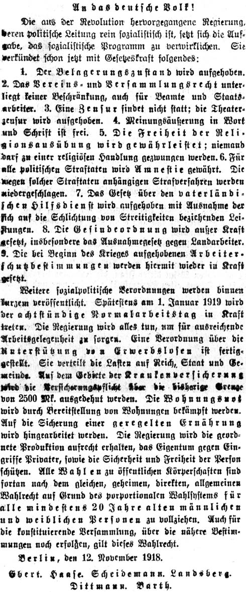 aus: ´Sächsische Volkszeitung´ vom 13. November 1918, Seite 1