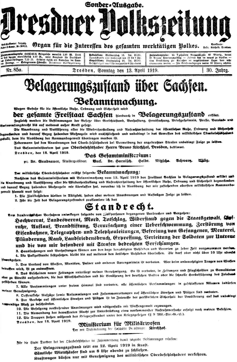 Sonderausgabe der ´Dresdner Volkszeitung´ vom 13. April 1919