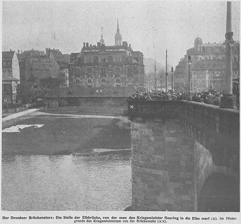 Die Stelle auf der Augustusbrücke, an der Gustav Neuring in die Elbe gestürzt wurde.