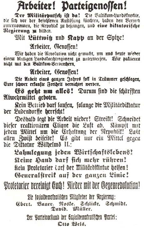 Aufruf der SPD-Regierung am 13.3. zum Generalstreik