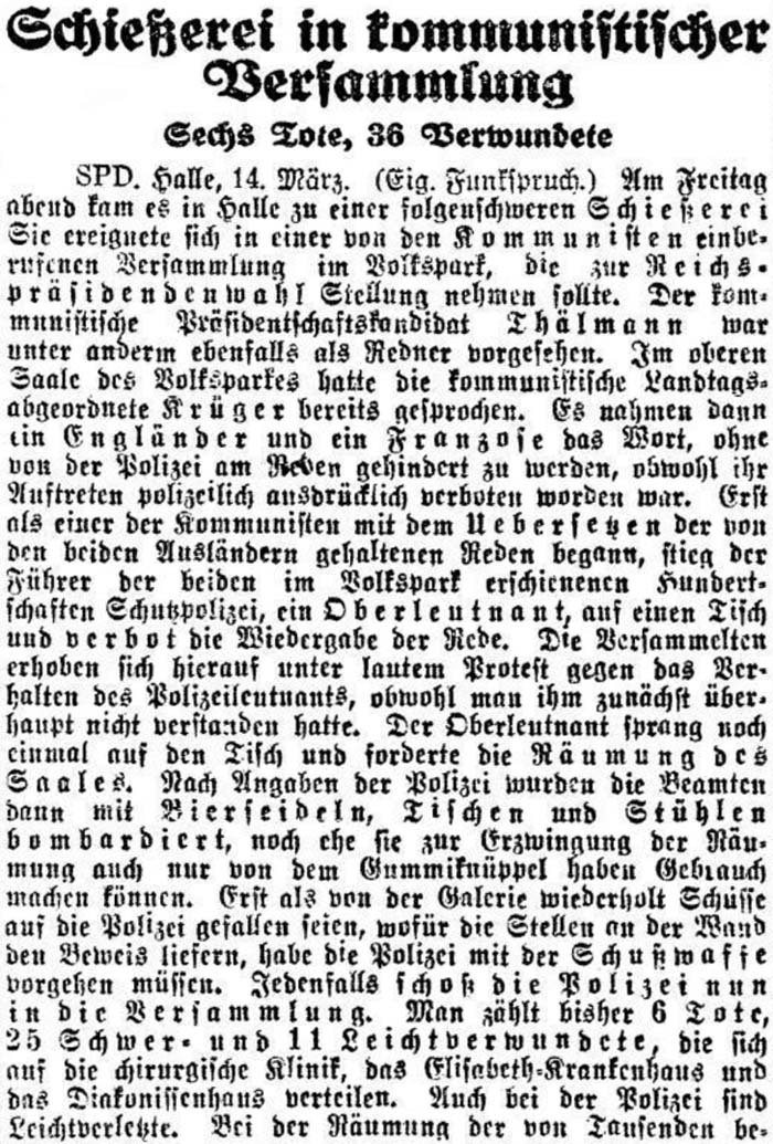 Artikel in der ´Dresdner Volks-Zeitung´ vom 14. März 1925, Seite 2, Teil 1