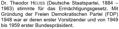 Dr. Theodor Heuss (Deutsche Staatspartei, 1884 – 1963) stimmte für das Ermächtigungsgesetz. ...