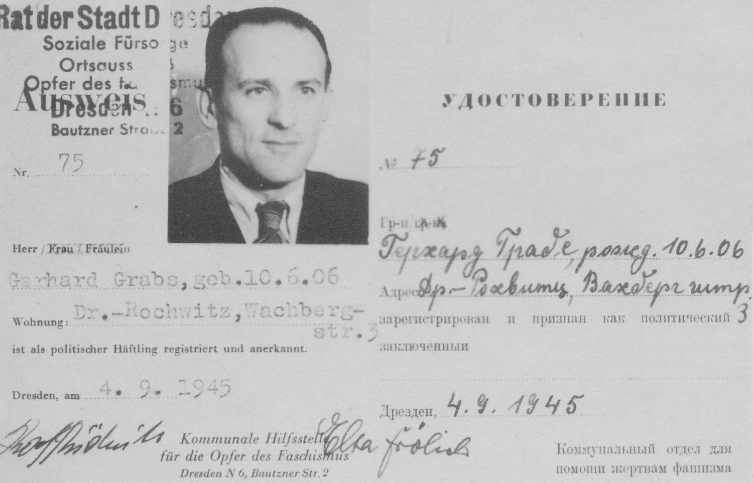 Ausweis für Gerhard Grabs vom 4.9.1945