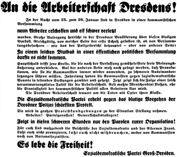 Erste Meldung der ´Dresdner Volkszeitung´ vom 26. Januar 1933