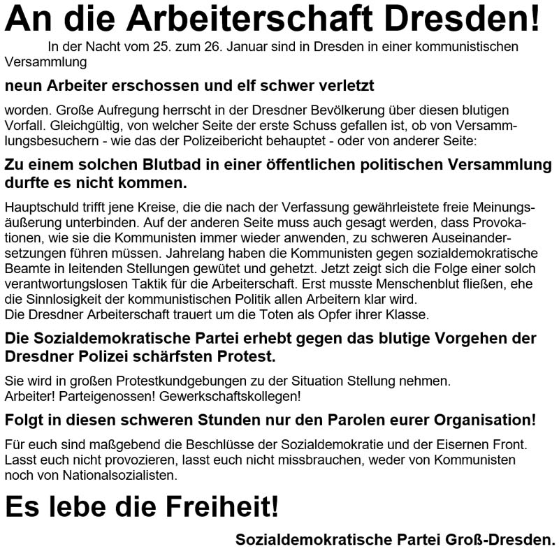 Text zur ersten Meldung der ´Dresdner Volkszeitung´ vom 26. Januar 1933