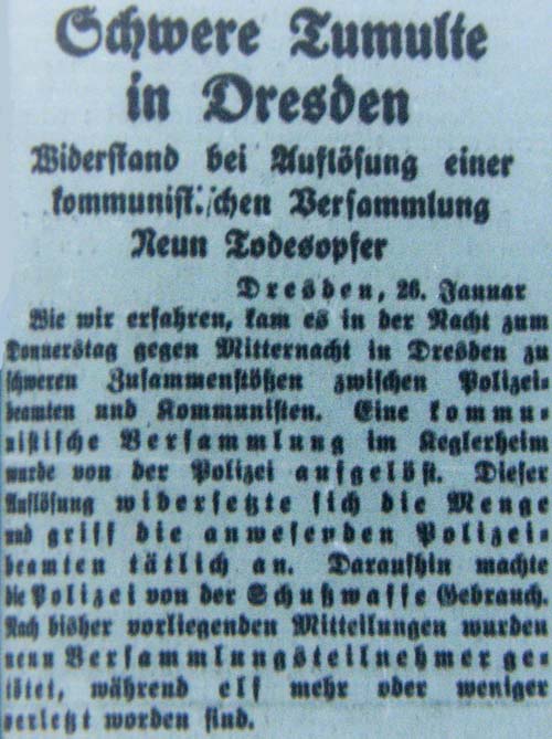 Die ´Dresdner Volkszeitung´ berichtet am 27. Januar 1933