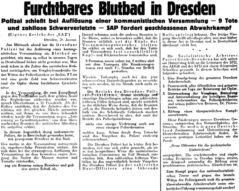 Artikel in der ´Sozialistische Arbeiter-Zeitung´ vom 27. Januar 1933