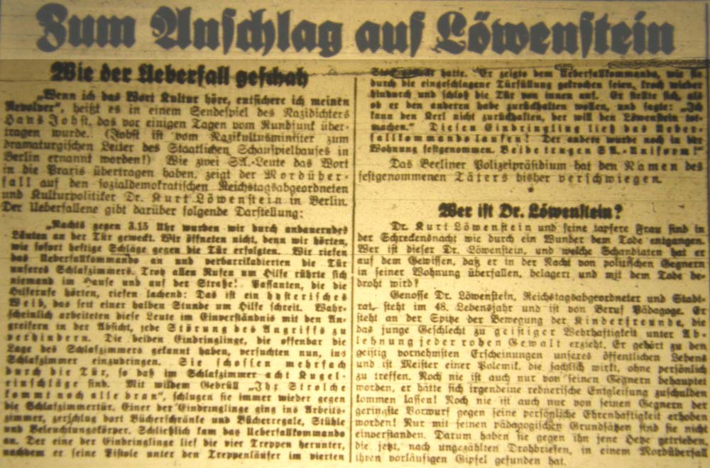 Der Mord-Anschlag auf den Reichstagsabgeordneten Löwenstein