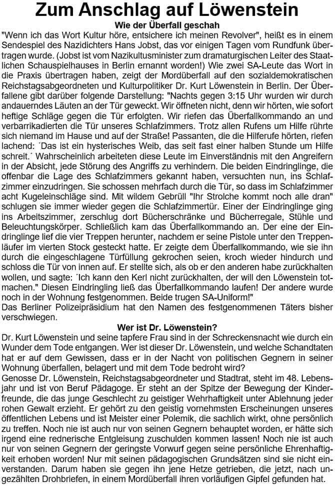Zum Anschlag auf Löwenstein / Der Mord-Anschlag auf den Reichstagsabgeordneten Löwenstein / ...
