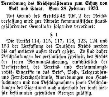 Verordnung des Reichspräsidenten zum Schutz von Volk und Staat vom 28.2.1933