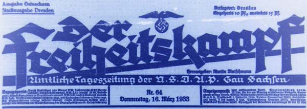 Titelblatt des ´Der Freiheitskampf´ am 16. März 1933