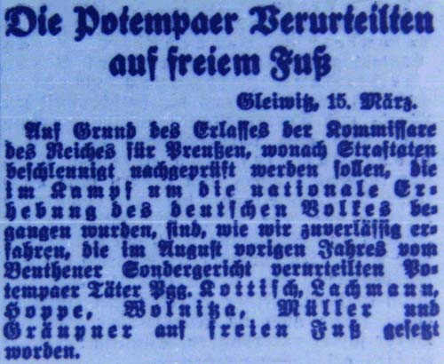 Die im August vorigen Jahres zum Tode verurteilten Mörder von Potemba werden am 23. März 1933 vorzeitig aus der Haft entlassen.