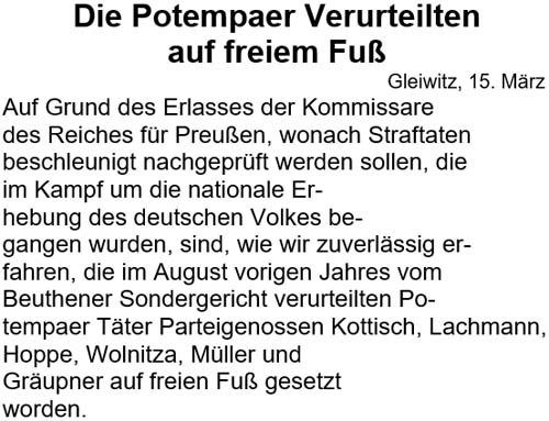 Die Potempaer Verurteilten auf freiem Fuß / Auf Grund des Erlasses der Kommissare ...