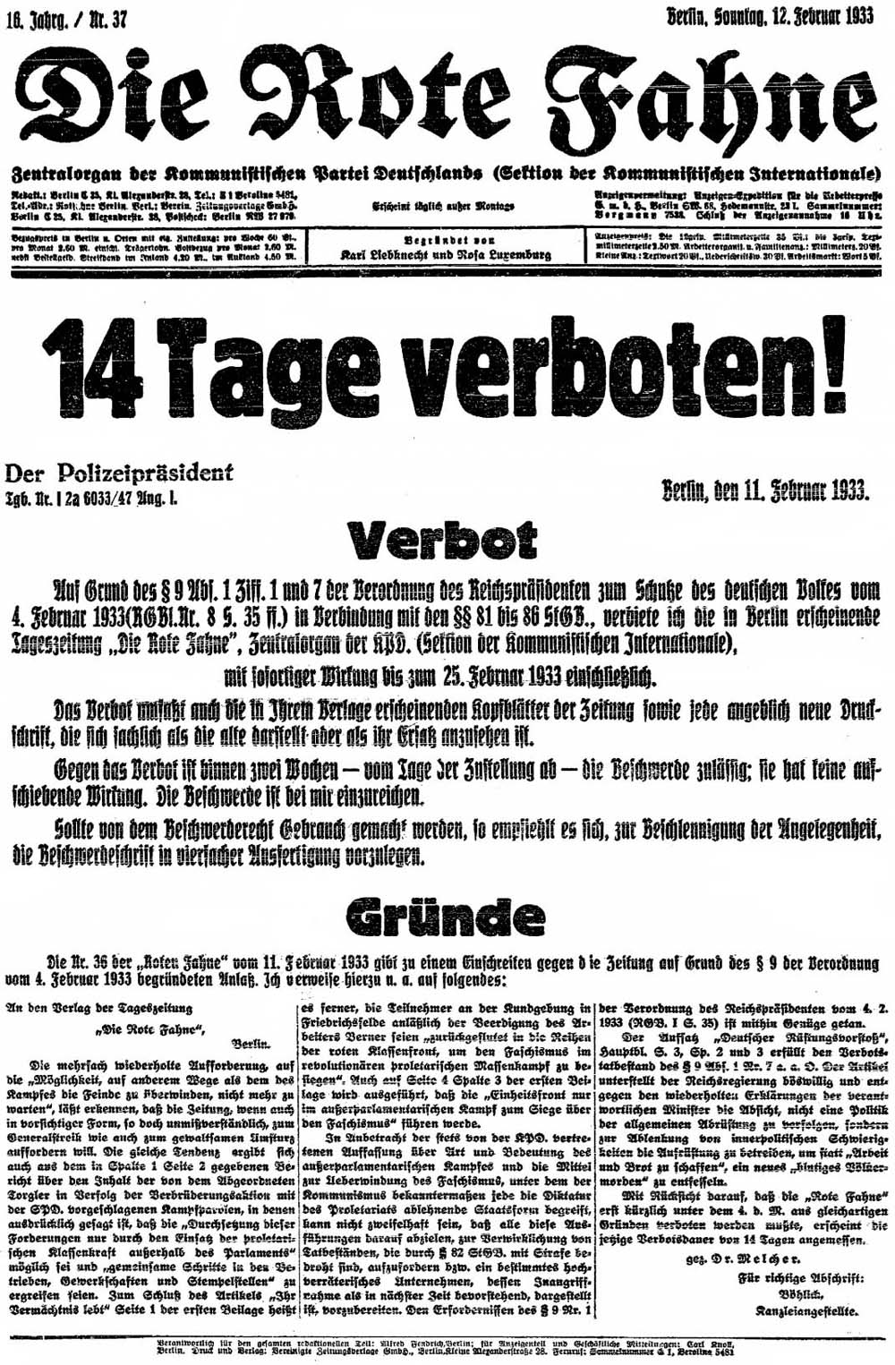 aus: ´Die Rote Fahne´ vom 12. Februar 1933