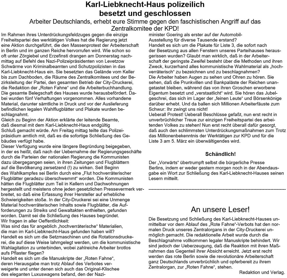 Text zum Artikel in ´Die Rote Fahne´ vom 23. Februar 1933