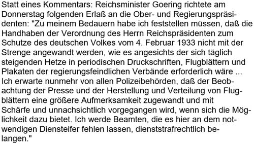 Statt eines Kommentars: Reichsminister Goering richtete am ...