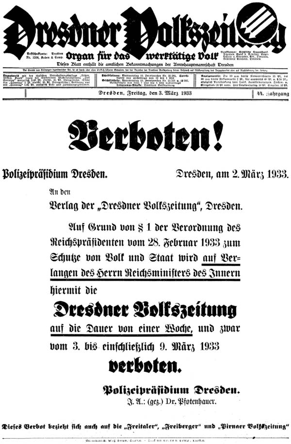 Titelblatt der ´Dresdner Volkszeitung´ vom 2. März 1933