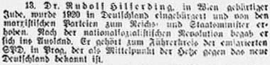 ´Sächsische Volkszeitung´ vom 14. Juni 1935, Seite 5 - Dr. Rudolf Hilferding