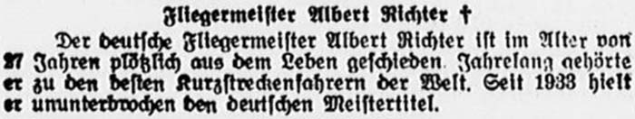 Der deutsche Fliegermeister Albert Richter ist plötzlich aus dem Leben geschieden.