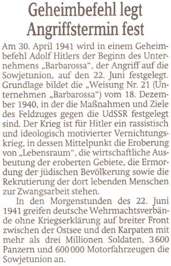 Hitler erteilt am 30. April 1941 den Geheimbefehl für den Beginn des Plans ´Barbarossa´