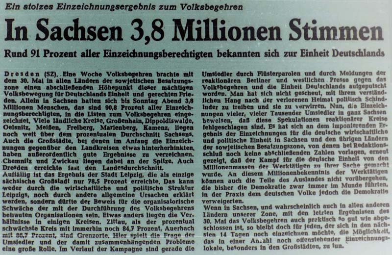 In Sachsen 3,8 Mio. Stimmen in der ´Sächsischen Zeitung´ vom 1. Juni 1948