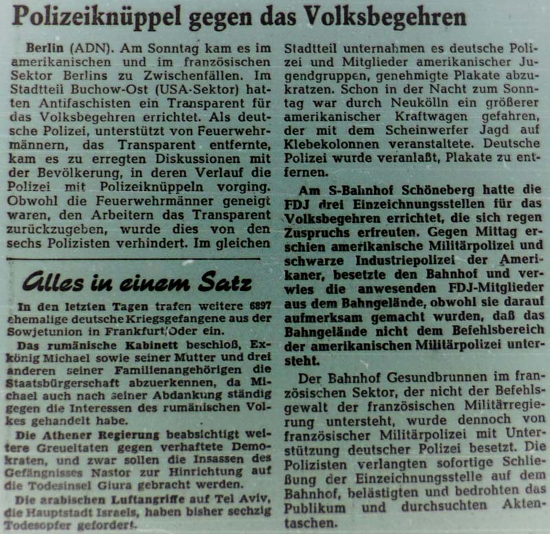 Polizeiknüppel gegen das Volksbegehren in der ´Sächsischen Zeitung´ vom 24. Mai 1948