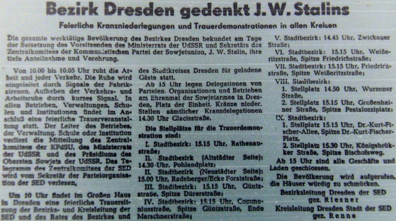 Bezirk Dresden gedenkt J. W. Stalins