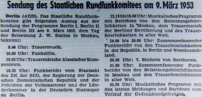 Sendung des Staatlichen Rundfunkkomitees am 9. März 1953