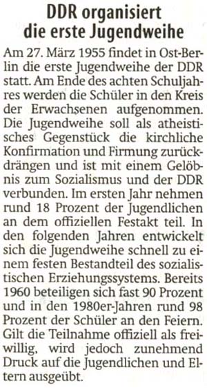 In der DDR findet am 27. März 1955 die erste Jugendweihe statt.