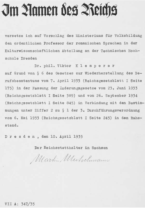 Entlassungsschreiben für Victor Klemperer im Jahr 1935