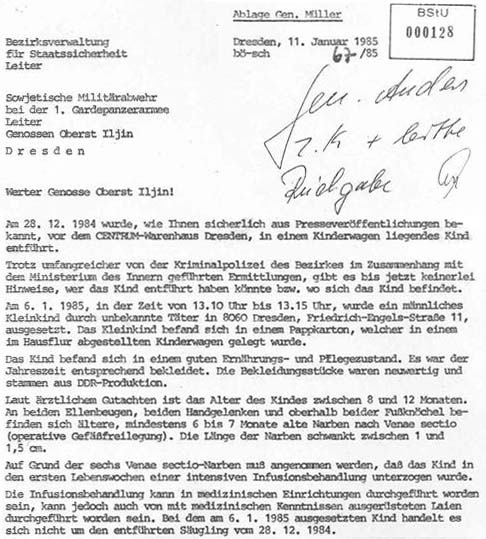 Schreiben der Staatssicherheit vom 11. Januar 1985, Blatt 1