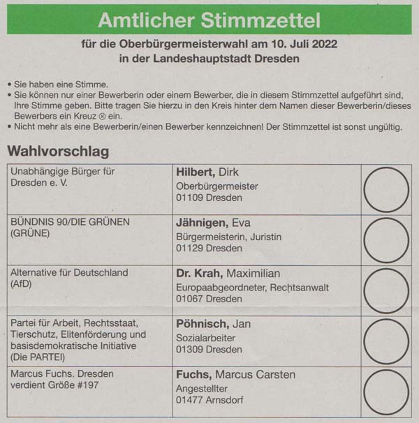 Amtlicher Stimmzettel für den 10. Juli 2022