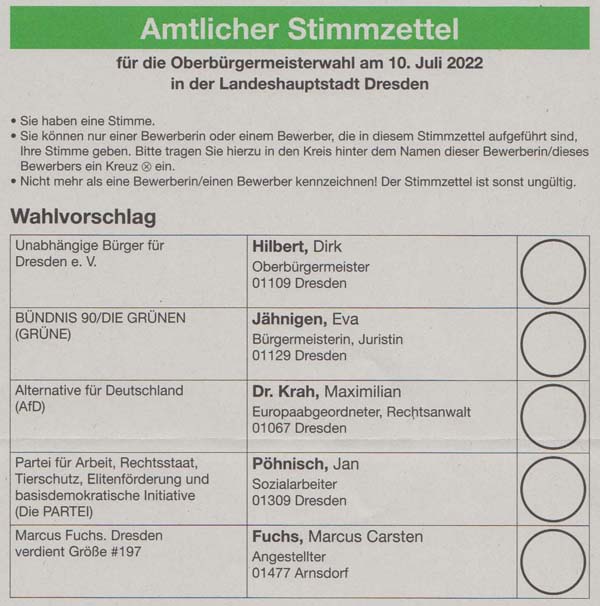 Amtlicher Stimmzettel für den 10. Juli 2022